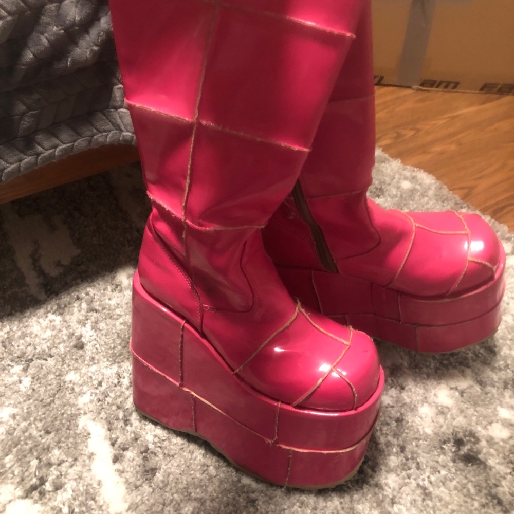 Platform Knee-High Boots in Bright Pink